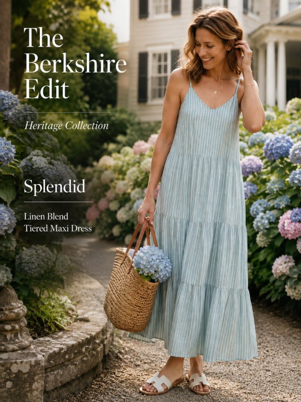 Splendid Linen Blend Tiered Maxi Dress Blue Stripe Adjustable Straps M